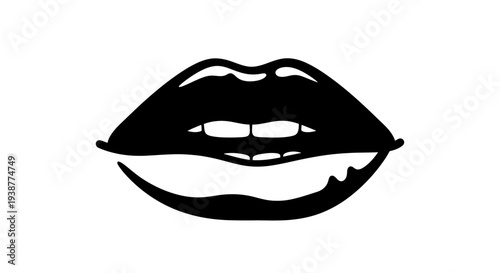 Bold black and white graphic illustration of stylized human lips with visible teeth creating a