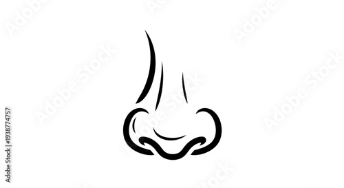 Minimalist black line art illustration of a human nose with abstract scent lines on a clean white
