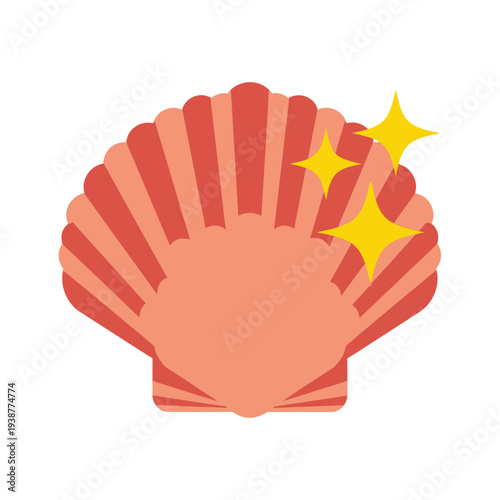 A sparkling coral scallop shell with radiating lines and yellow stars.