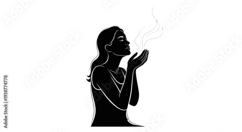 Serene woman experiencing aromatic bliss, hands cupped, embracing a moment of sensory calm