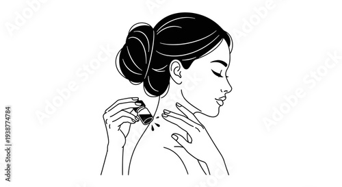 Elegant woman applying essential oil or perfume droplets for personal well-being and beauty routine