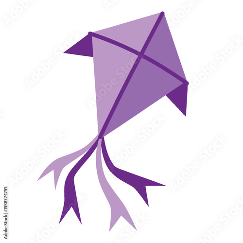A geometric purple kite with streamers floats against a white background.