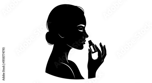 Elegant silhouette of a woman savoring a delicate fragrance from a small bottle