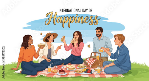 Illustration of diverse people having a picnic on a blanket in a park celebrating International Day of Happiness with a joyful atmosphere.