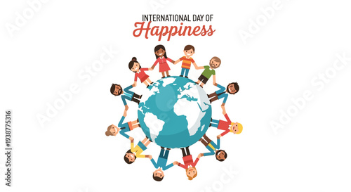 Illustration of diverse people holding hands around the globe on International Day of Happiness with a joyful and positivity concept against a clean white background.