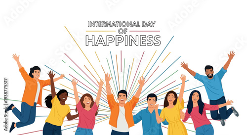 Diverse group of people jumping in joy, celebrating International Day of Happiness with colorful lines radiating behind them, conveying happiness and positivity in a vibrant illustration.