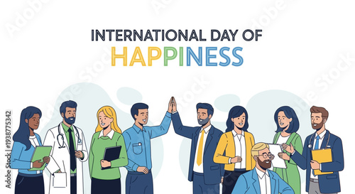 Diverse group of happy people in business attire celebrating International Day of Happiness with a high-five in a colorful illustration design.
