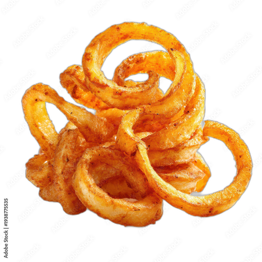 Fototapeta premium Crispy Golden Seasoned Curly Fries Pile, Delicious Fast Food Snack Appetizer Isolated on Transparent Background (PNG, Alpha Channel, Cutout)