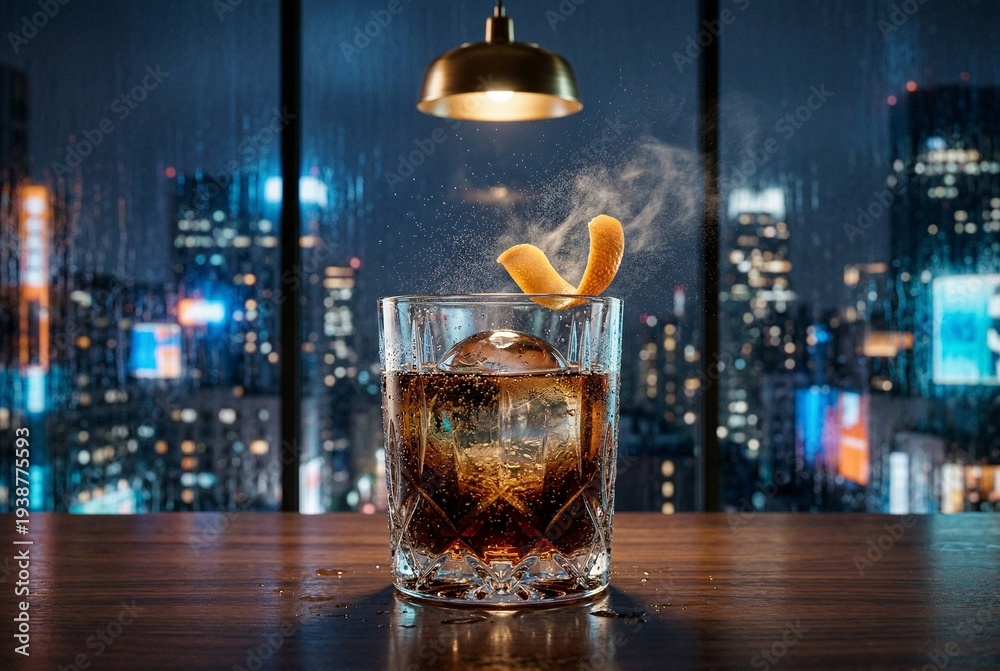 Naklejka premium A chilled crystal tumbler filled with dark sparkling liquid and a large clear ice sphere captures a citrus twist releasing aromatic mist in a cinematic nighttime penthouse setting