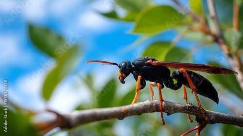 A large black and orange wasp perched on a tree branch with green leaves and a blue sky background.
