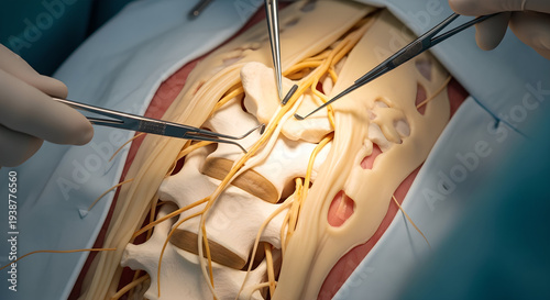 Spinal surgery shows nerves and vertebrae with surgical tools