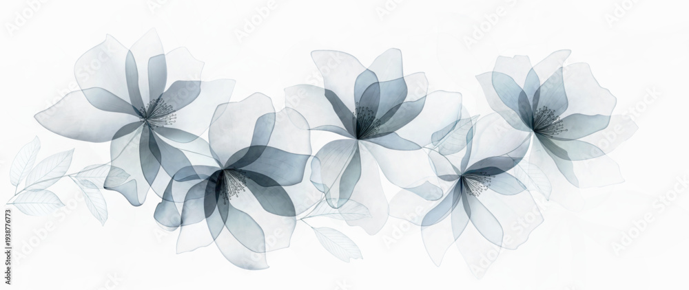 Fototapeta premium Botanical art background with blue transparent flowers and leaves in a watercolor style. Floral banner for decor, prints, wallpaper, textiles, packaging, posters, and interior design.