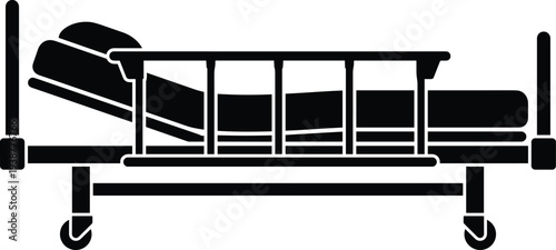 Minimal vector silhouette, hospital patient bed with side rails, solid black, isolated on white background.