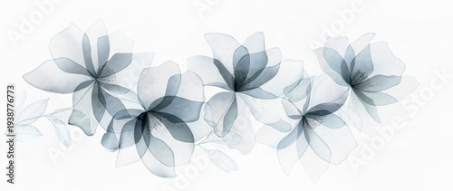 Botanical art background with blue transparent flowers and leaves in a watercolor style. Floral banner for decor, prints, wallpaper, textiles, packaging, posters, and interior design.