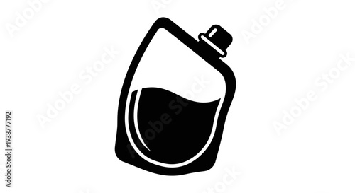 Minimalist black icon of a flexible packaging pouch containing liquid with a secure cap on a white