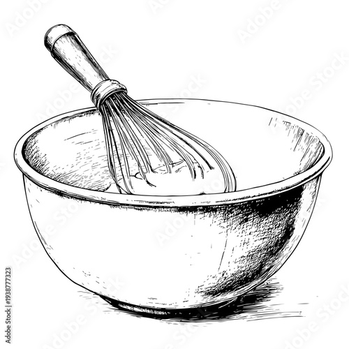 Classic hand-drawn illustration of a versatile kitchen mixing bowl and whisk, a timeless culinary graphic available on adobe stock for your designs