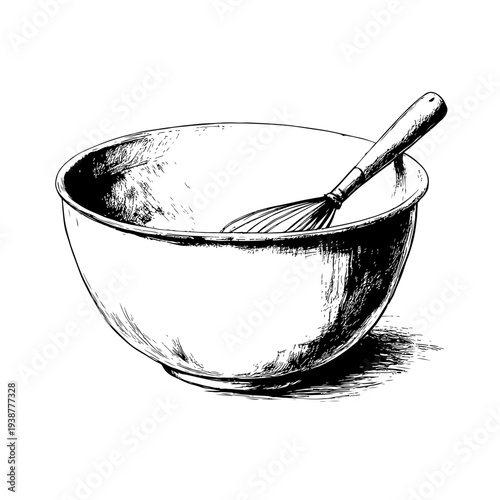 Hand drawn illustration of a mixing bowl with a whisk for baking and cooking - adobe stock