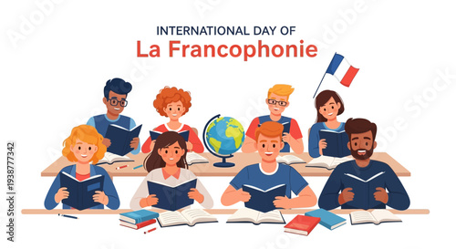 Illustration of diverse students celebrating International Day of La Francophonie with books and globe in a classroom setting.