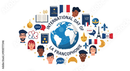 Illustration celebrating International Day of La Francophonie with a globe surrounded by diverse cultural icons and flags on a white background.
