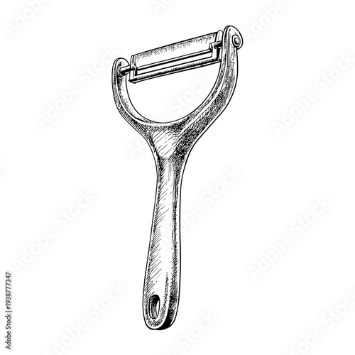 Hand drawing of a kitchen peeler, a common item for food preparation, available on adobe stock