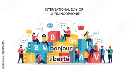 Illustration of diverse people celebrating International Day of La Francophonie with colorful blocks featuring French words in a vibrant, global community setting.