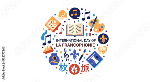 Illustration design celebrating International Day of La Francophonie with colorful symbols and icons on a white background, representing global French-speaking community and culture.