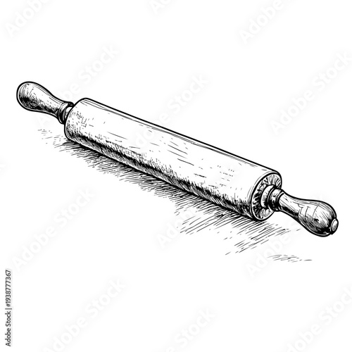 Detailed hand-drawn sketch of a traditional wooden rolling pin, an essential common kitchen item for baking and pastry making, perfect for adobe stock projects