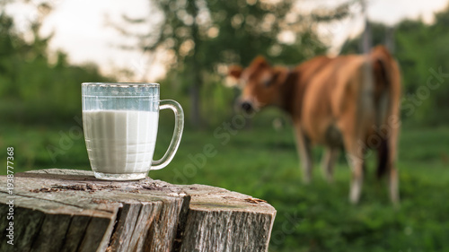 Clear glass mug filled with fresh milk placed on a wooden stump outdoors, with a cow grazing in a blurred green countryside background in summer evening