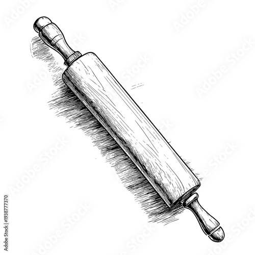 Hand drawn illustration of a classic wooden rolling pin, a common kitchen item for baking and pastry preparation, available on adobe stock