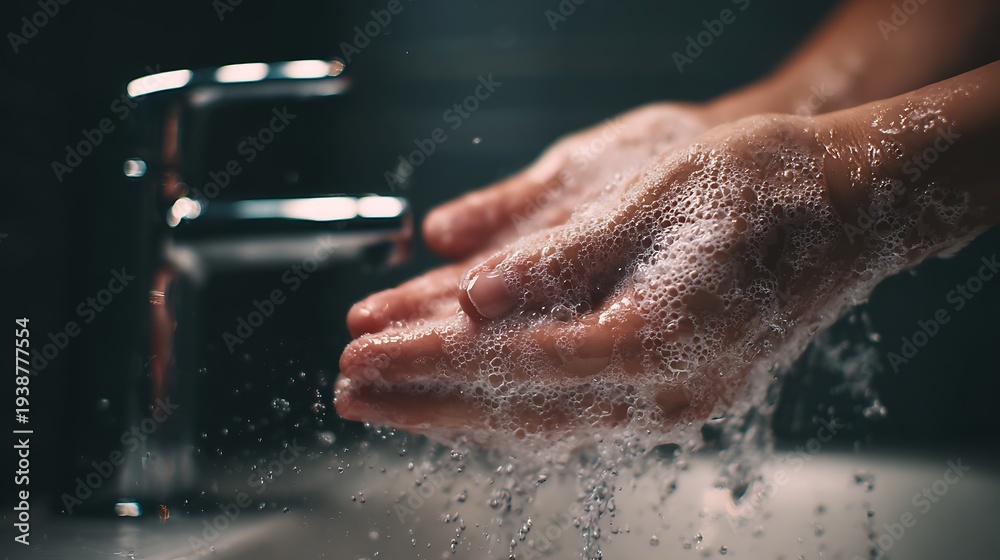 Fototapeta premium A person washing their hands with soap and water in a dark bathroom