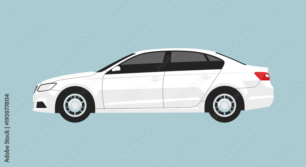 Obraz premium Clean white sedan car vector illustration isolated on blue background