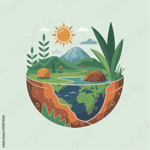 Eco friendly earth illustration with cutaway landscape and greenery