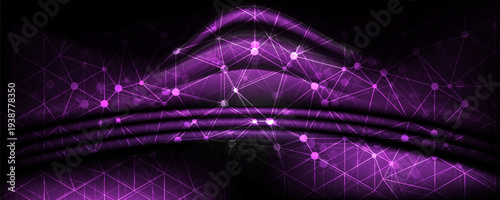 Abstract cg polygonal grid blue and violet neon triangles. Geometric light motion background. Lowpoly wireframe