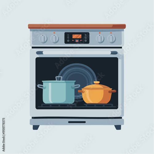 Illustration of a modern electric oven with pots inside