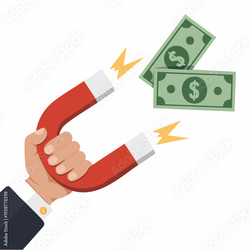 Cartoon hand holding red magnet attracting green dollar bills