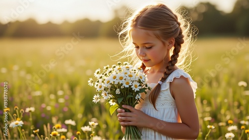 young girl standing field wildflowers she wearing white dress has long blonde hair styled two braids girl holding bunch white daisies her hands looking down peaceful expression her face background