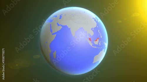 The animation shows a graphic representation of the earth and highlights the location and map of Malaysia colored red.