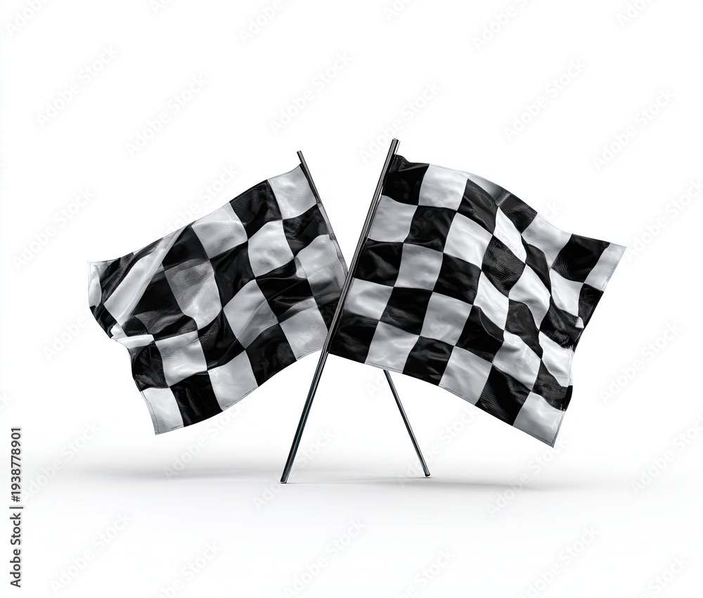 Fototapeta premium Two checkered flags crossed on poles against a white background