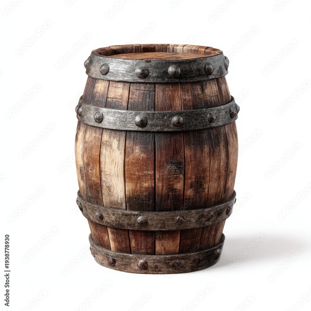 Fototapeta premium Aged wooden barrel with iron bands and rivets, isolated on white