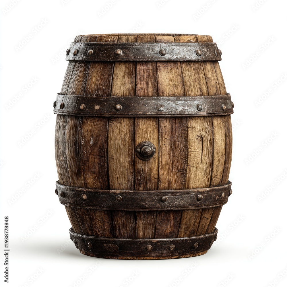 Obraz premium Rustic wooden barrel with metal bands and a central spigot, on white