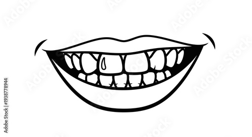 Abstract black and white line art showcasing a wide grin with visible irregular teeth and a single