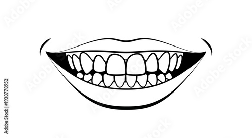 Clean black and white vector illustration of a healthy smiling mouth showcasing full teeth