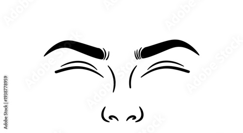Minimalist black and white illustration of closed eyes and nose expressing serene calm or amusement