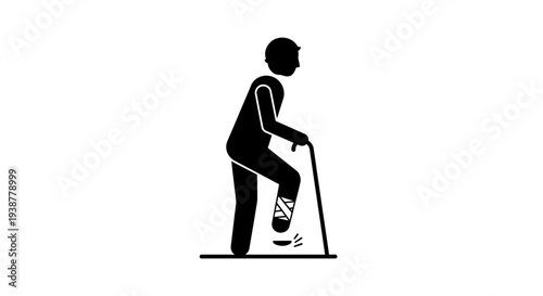 Monochromatic icon of a person with a bandaged lower limb utilizing a walking cane