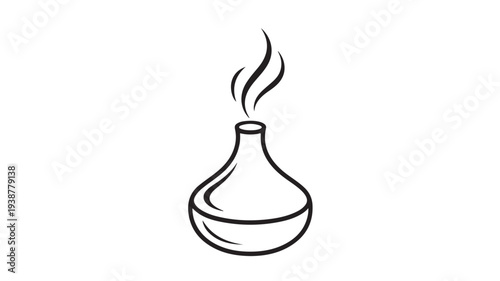 Aromatic essential oil diffuser in simple line art style with soft white smoke on plain white background for wellness branding