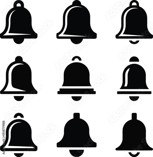 Collection of nine black bell icons in three rows