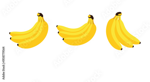 Bunches of ripe yellow bananas are displayed in clean rows on a white background suitable for grocery and healthy eating dietary concepts.