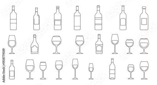 Collection of outline drawings depicts various shapes of wine bottles and different types of wine glasses for bar menus and beverage designs.