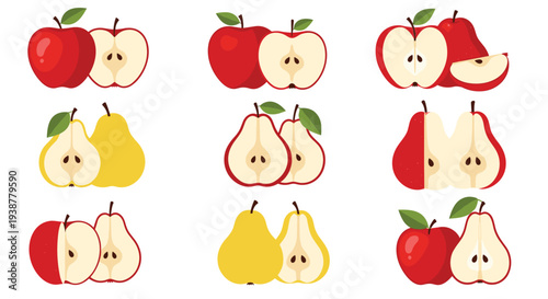 Diverse selection of whole and halved apples and pears are arranged in a grid showing different colors and textures for fruit related content.