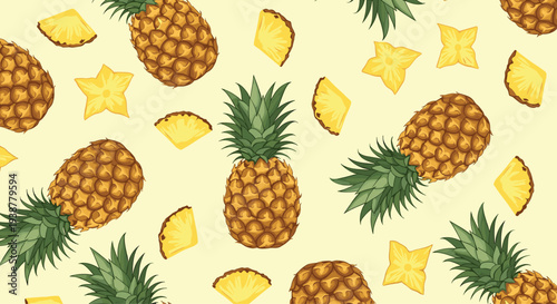 Seamless pattern displays various whole pineapples and sliced segments on a pale yellow background creating a tropical and refreshing visual feel.